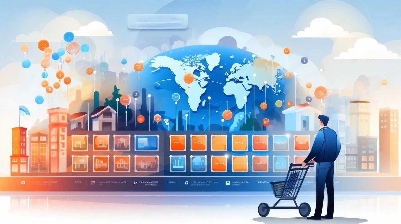 Global e-commerce expansion illustrated with a world map and shopping carts