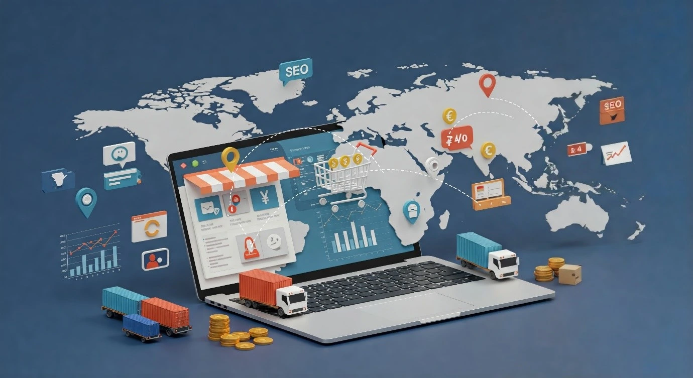 Global e-commerce expansion illustrated with a world map and shopping carts