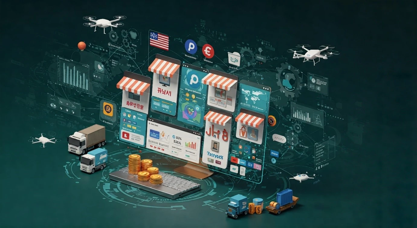 Global e-commerce expansion illustrated with a world map and shopping carts