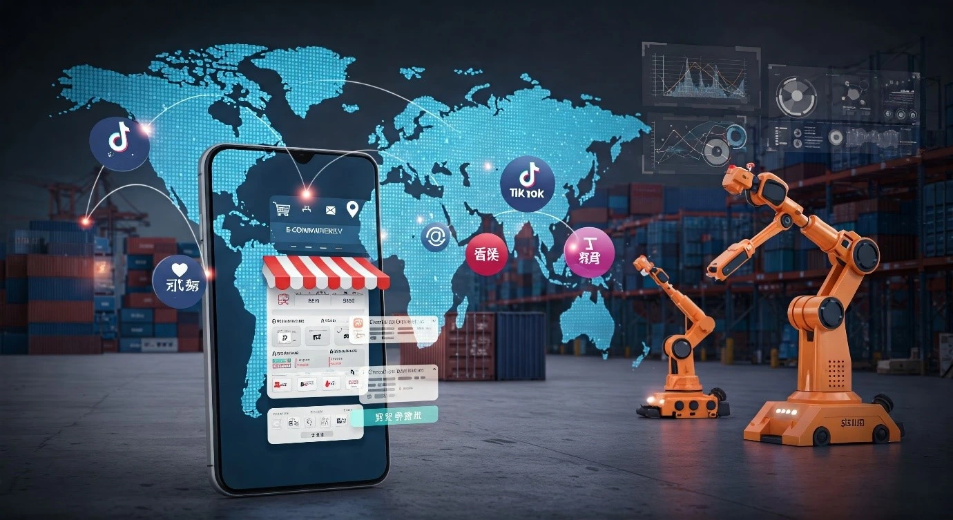 Global e-commerce expansion illustrated with a world map and shopping carts