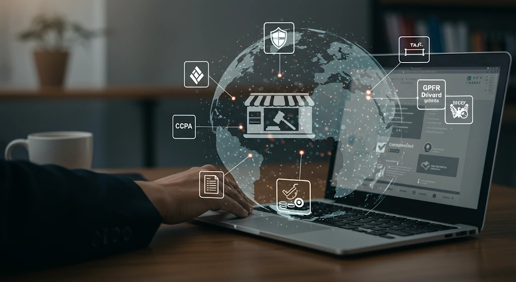 Global e-commerce expansion illustrated with a world map and shopping carts