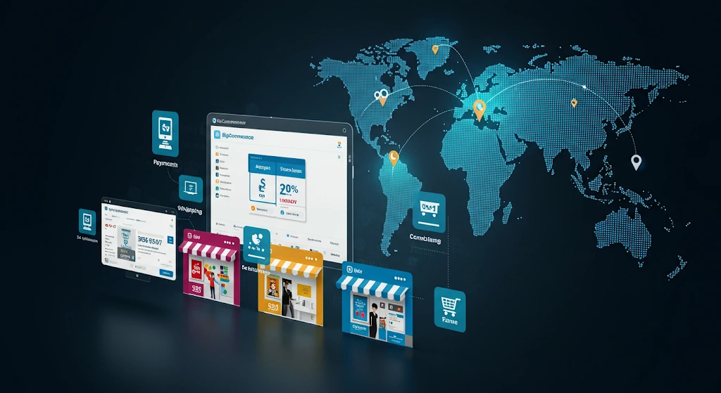 Global e-commerce expansion illustrated with a world map and shopping carts