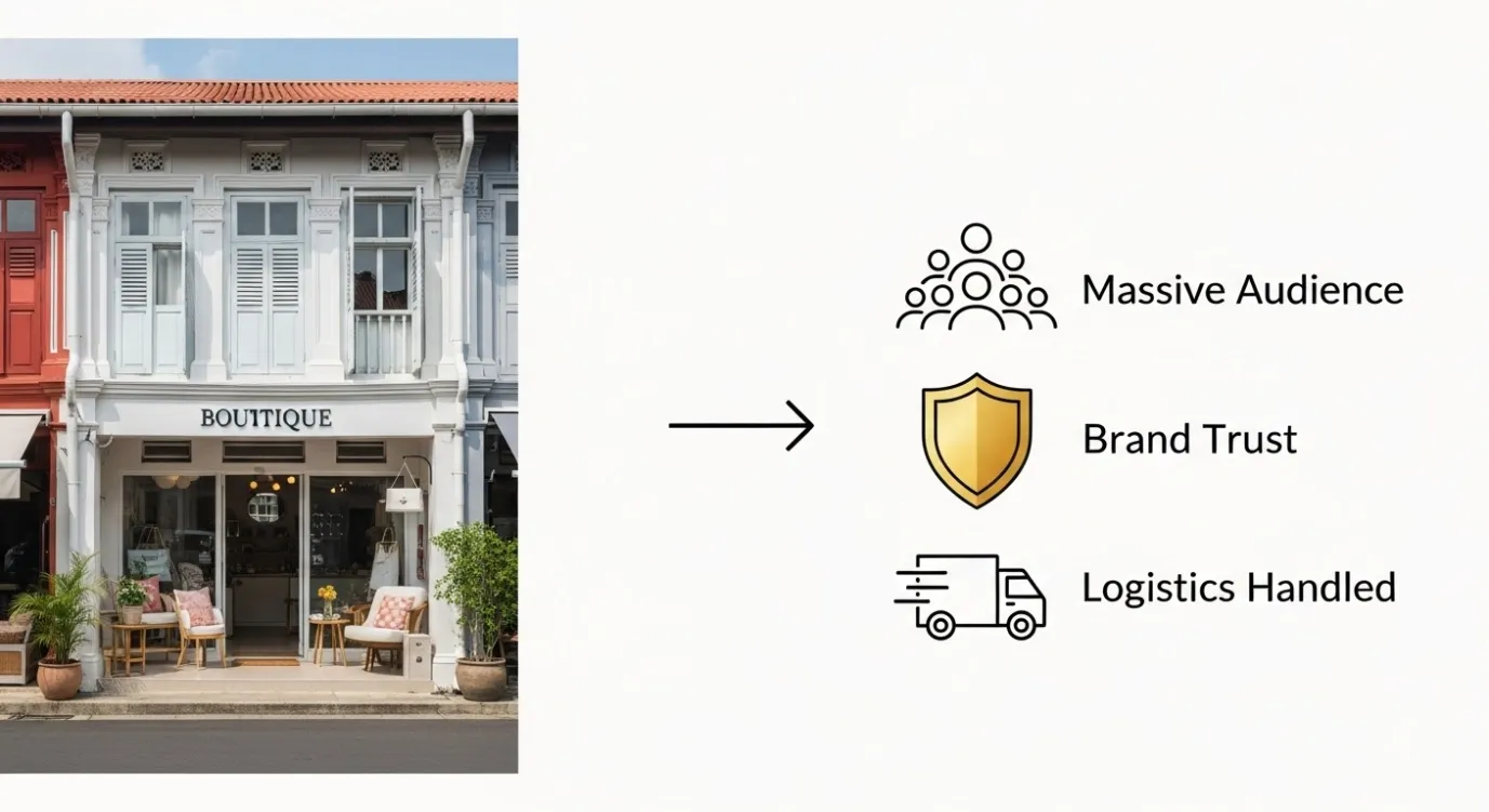 Infographic showing the benefits of being a Zalora Seller in Singapore, including audience, trust, and logistics.
